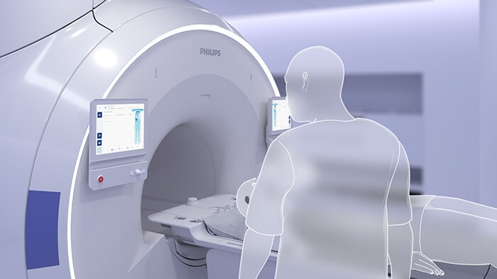Photo of an MR imaging system touch panel screen for guided exam set-up