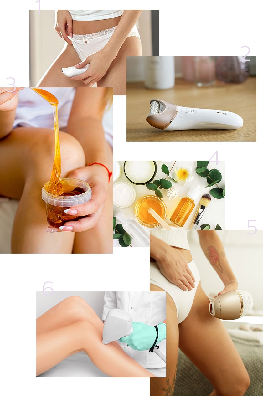 6-step process of woman using Philips devices and wax on leg hair and bikini line hair.