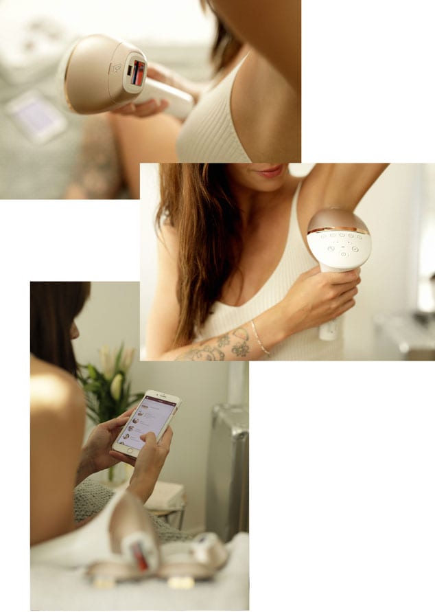 The woman, an influencer, uses the Philips Lumea Prestige to remove underarm hair while using her phone.