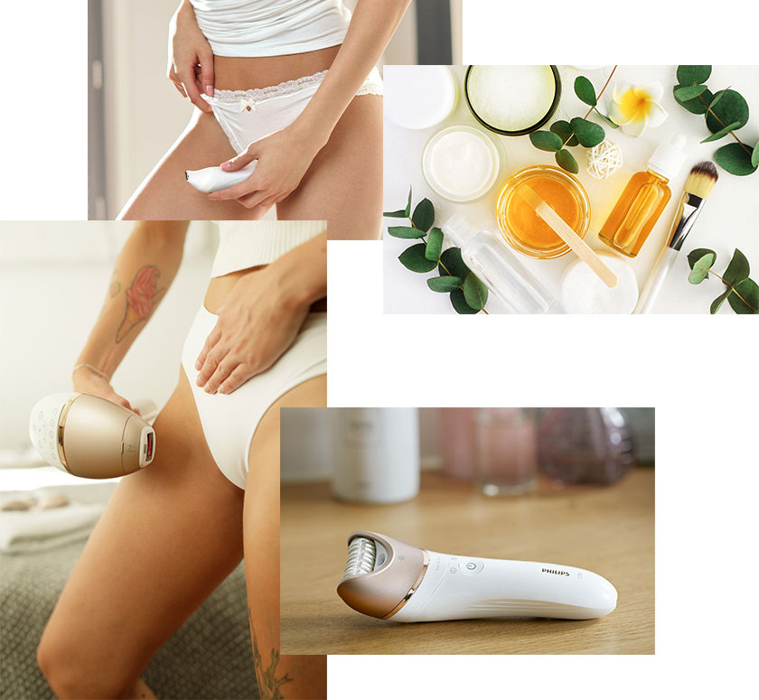 Woman using Philips device to remove bikini line hair, next to wax, tools & plants on white background