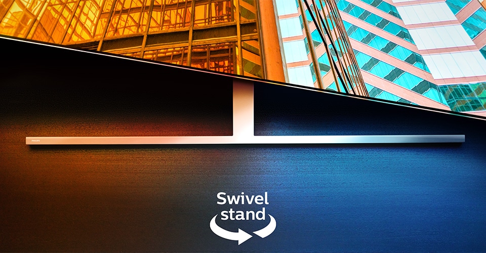 A Philips Ambilight TV on a swivel stand displaying two colorful architectural scenes, with an arrow and text indicating the swivel feature