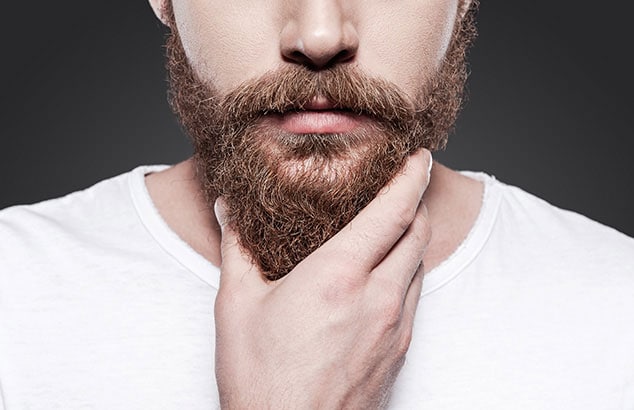 Close-up of a man wearing a t-shirt’s lower face with his hand in his thick, brown beard.