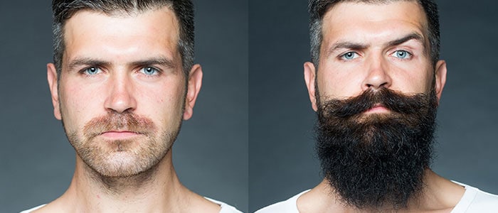 : Two images of the same man on a grey background: on the left he has a short beard, on the right he has a very long beard.