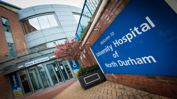 blue NHS hospital sign at the entrance of one of County Durham and Darlington’s hospitals