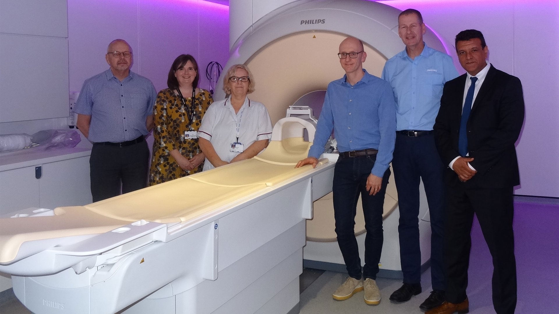 Download image (.jpg) Shown here, left to right, Gwyn Bethell, Radiology Project Manager; Jo Day, MRI Modality Manager; Beverley Jones, Senior Radiographer; Dr. Rob Dineen, Consultant Radiologist; Phil Worville, Technical Modality Lead FSE, Philips UKI and Pete Bains Imaging Account Manager, Philips UKI (opens in a new window)